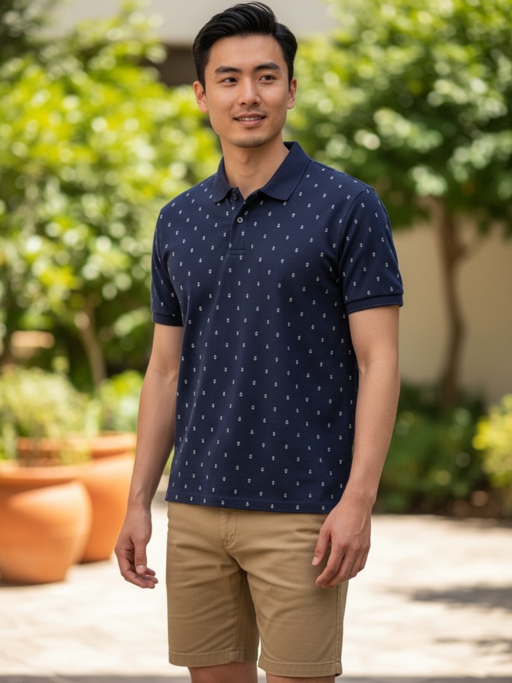 Old Navy Men's L Navy Anchor Print Go-Dry Flex Polo Shirt Short Sleeve Pique